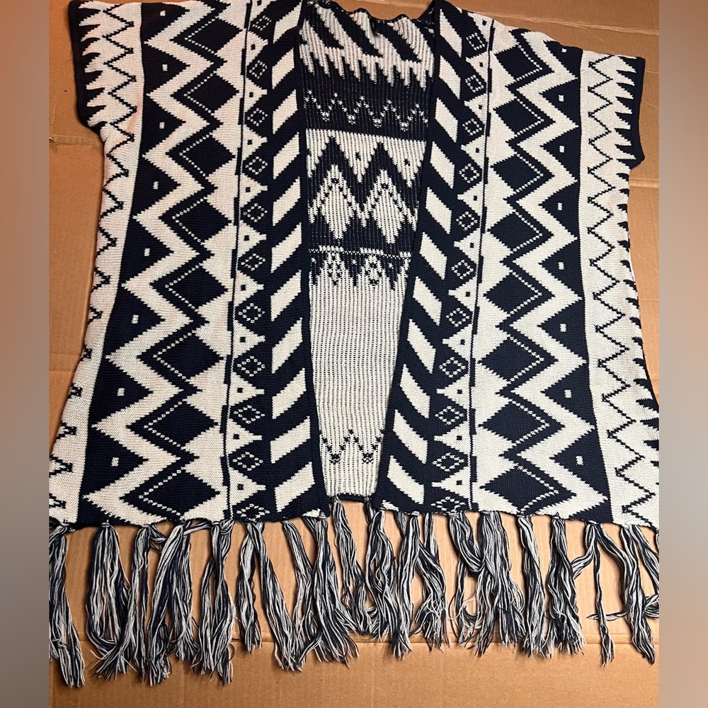 Smell the Roses Navy Cream Boho Fringe Knit Wrap Sweater S/M